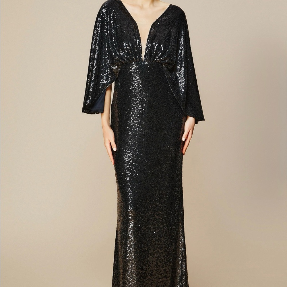 Black Sequin Dolman Sleeve Plunge Gown